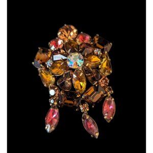 Vintage Kramer 1960s Amber & Aurora Borealis Crystal Goldtone Brooch Pin Jewelry
